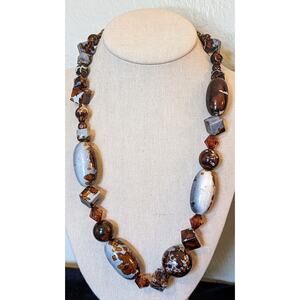 Unique Multi-Shape Gray Brown Mottled Beaded Toggle Clasp Statement Necklace